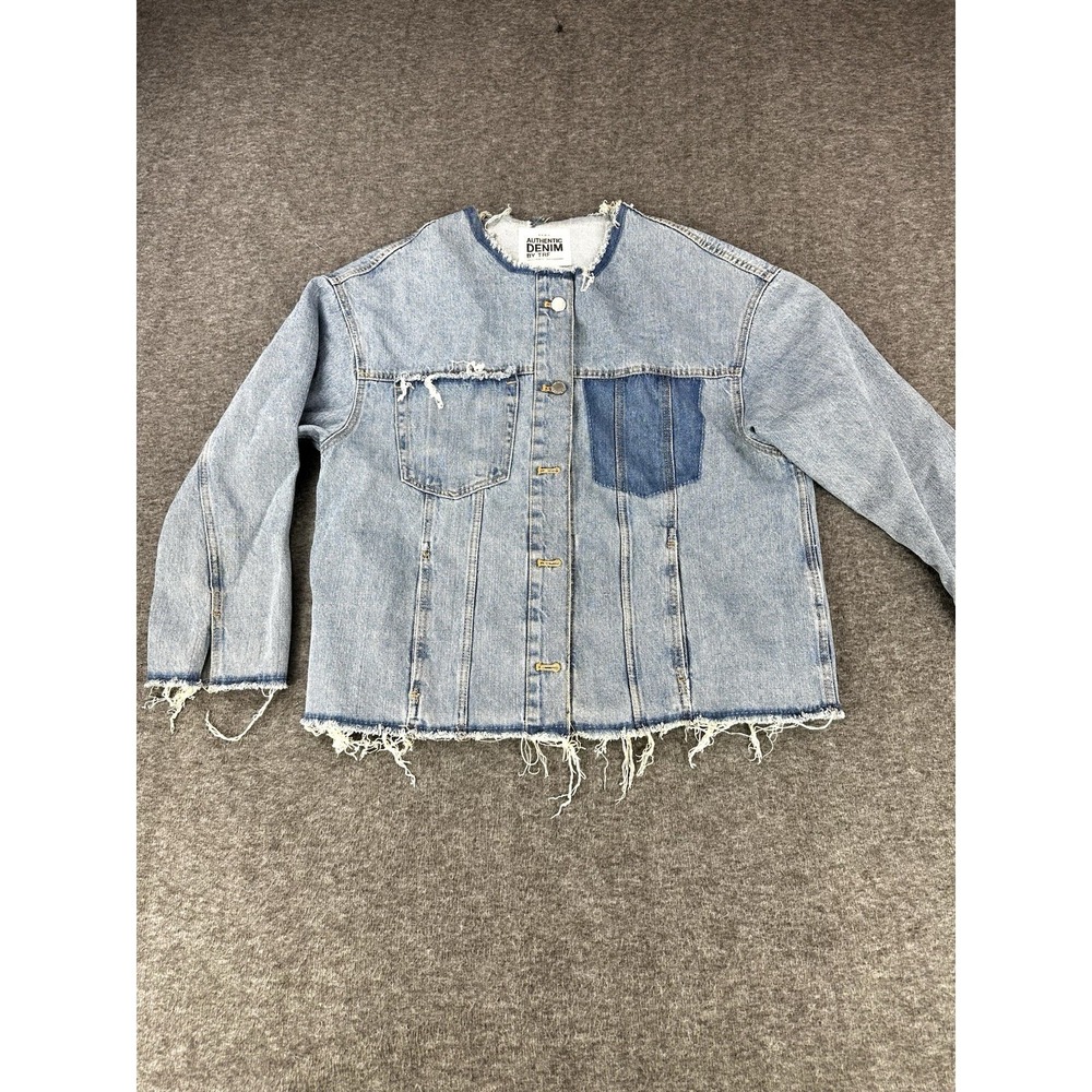 ZARA Jean Jacket Womens Medium Denim Cropped Grunge Collarless Raw Hem - Picture 1 of 10